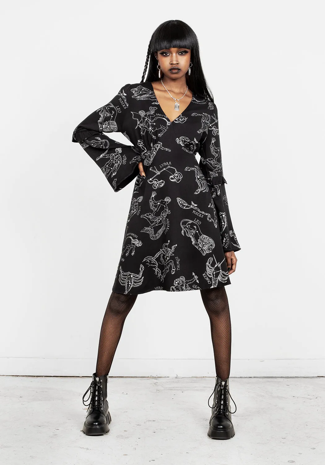 Zodiac Flare Sleeve Mini Dress Sage Detail