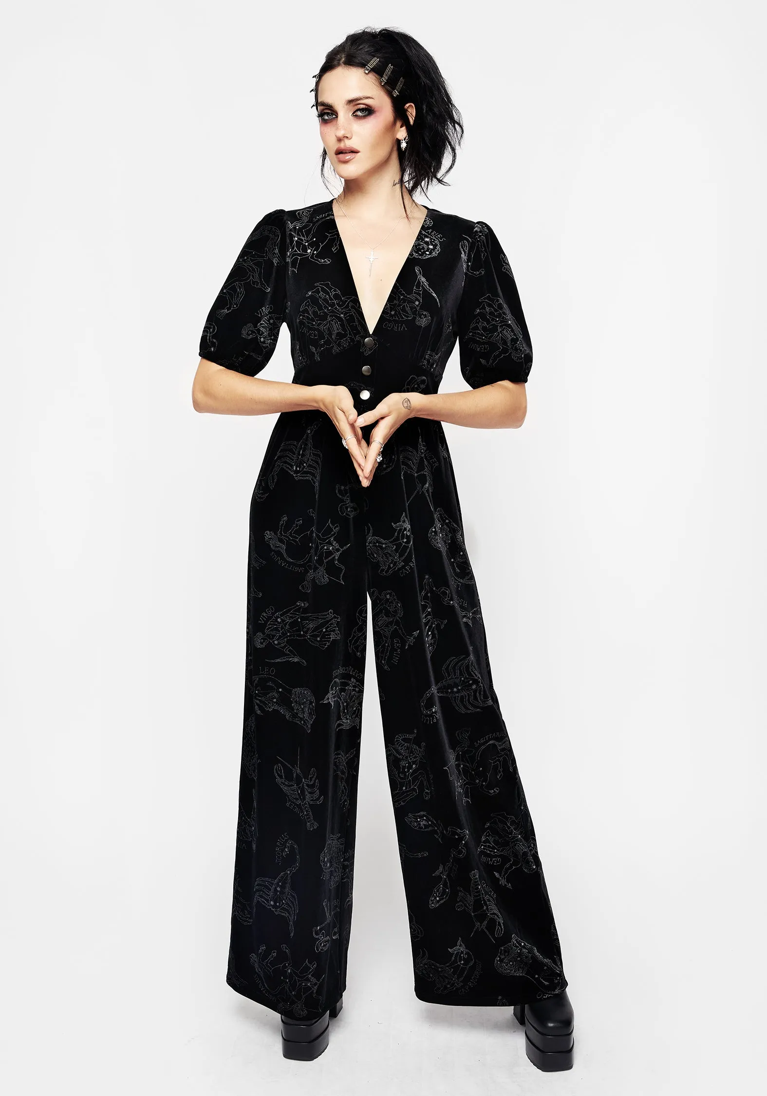 Zodiac Foil Print Button Front Velour Jumpsuit Clean Cut