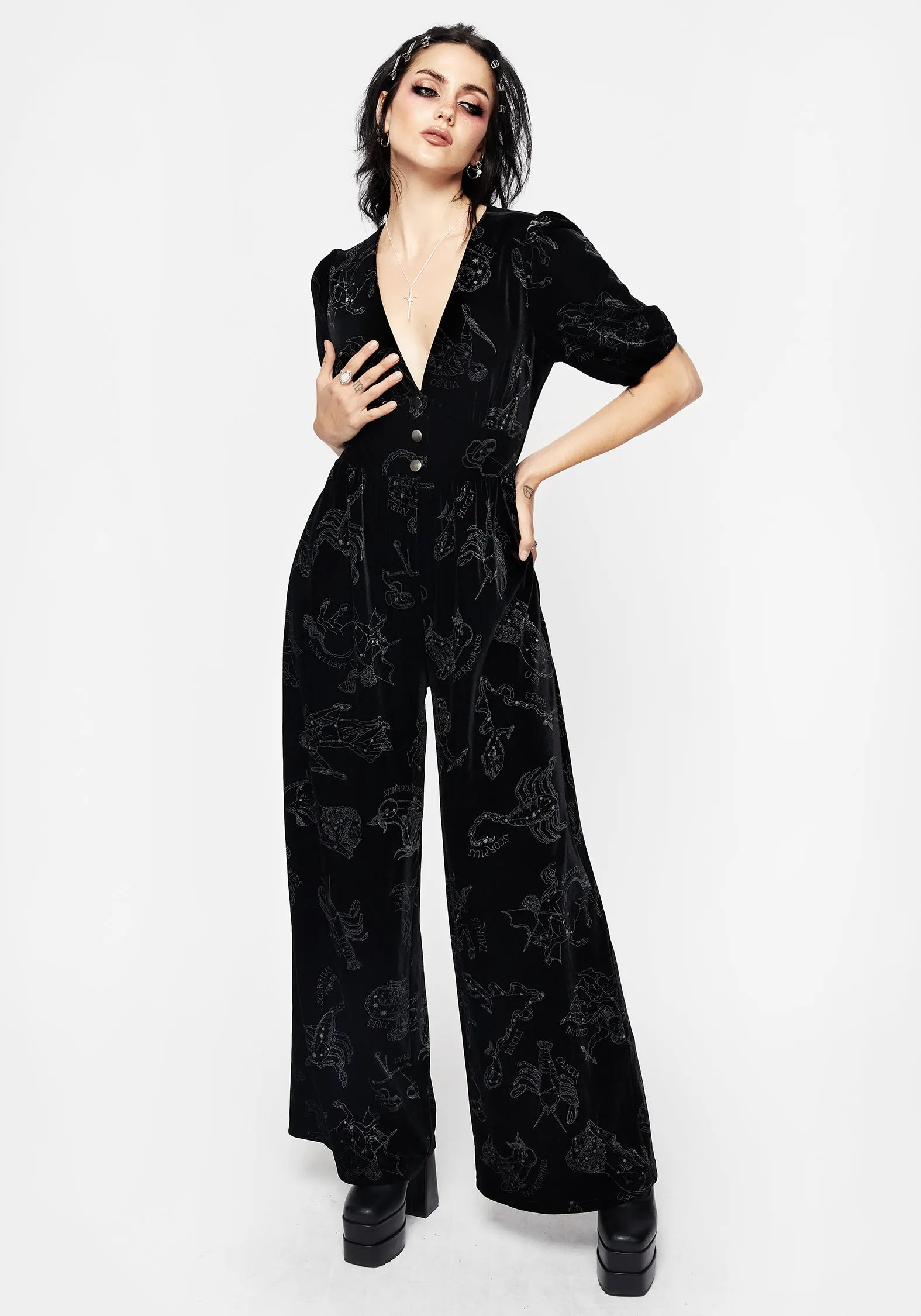 Outfit Mix Fresh Look Zodiac Foil Print Button Front Velour Jumpsuit