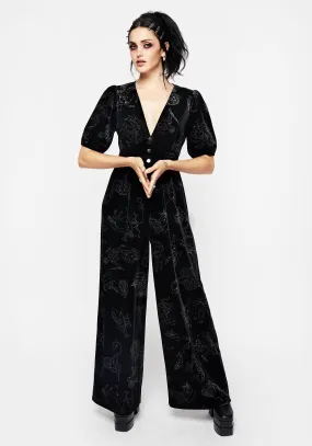 Zodiac Foil Print Button Front Velour Jumpsuit Clean Cut