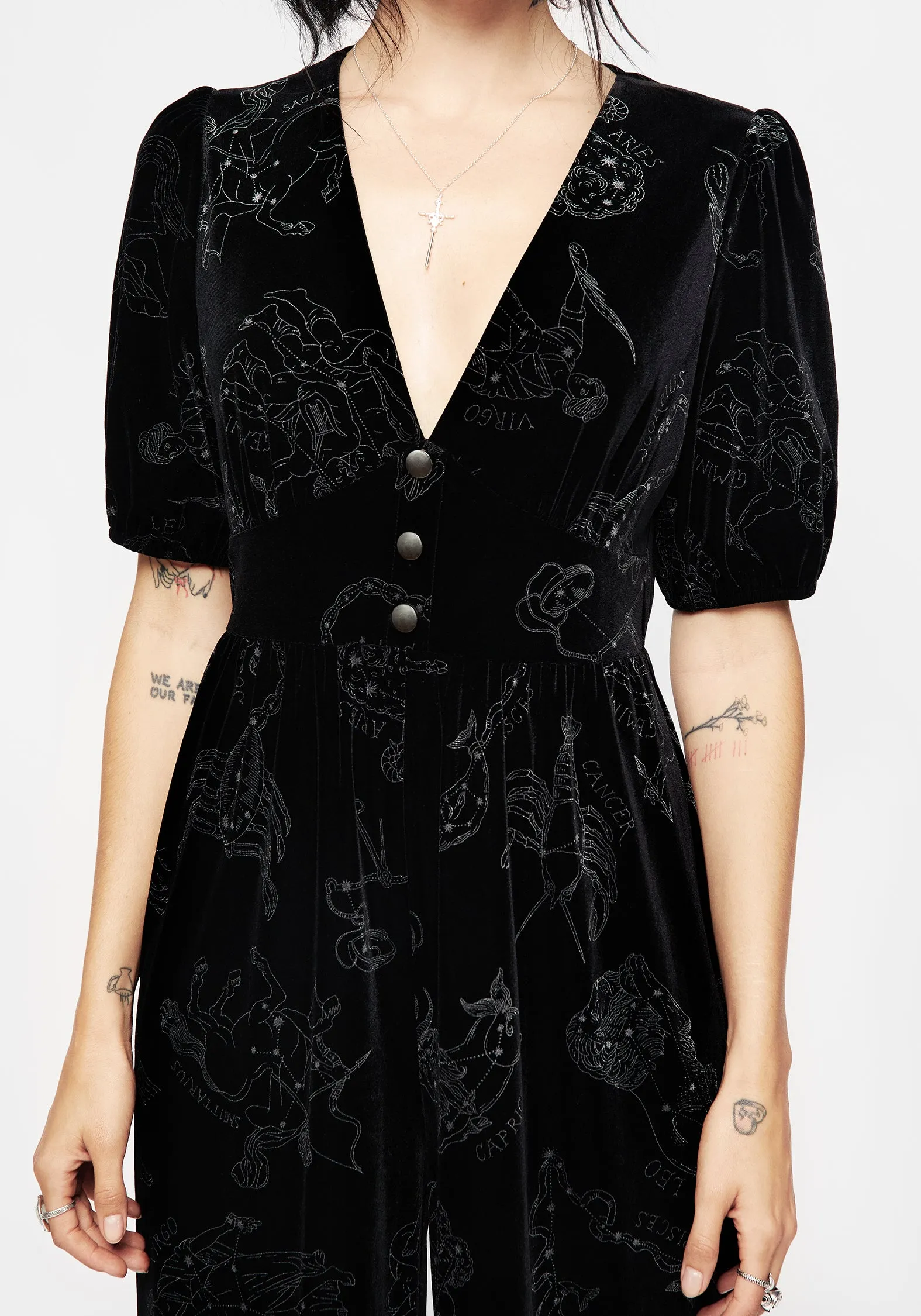 Relax Loose Zodiac Foil Print Button Front Velour Jumpsuit