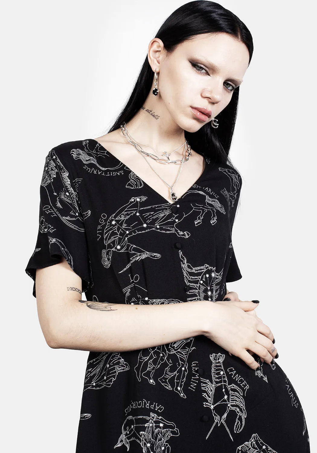 Balloon-Sleeve Unisex Option Zodiac Short Sleeve Midi Dress