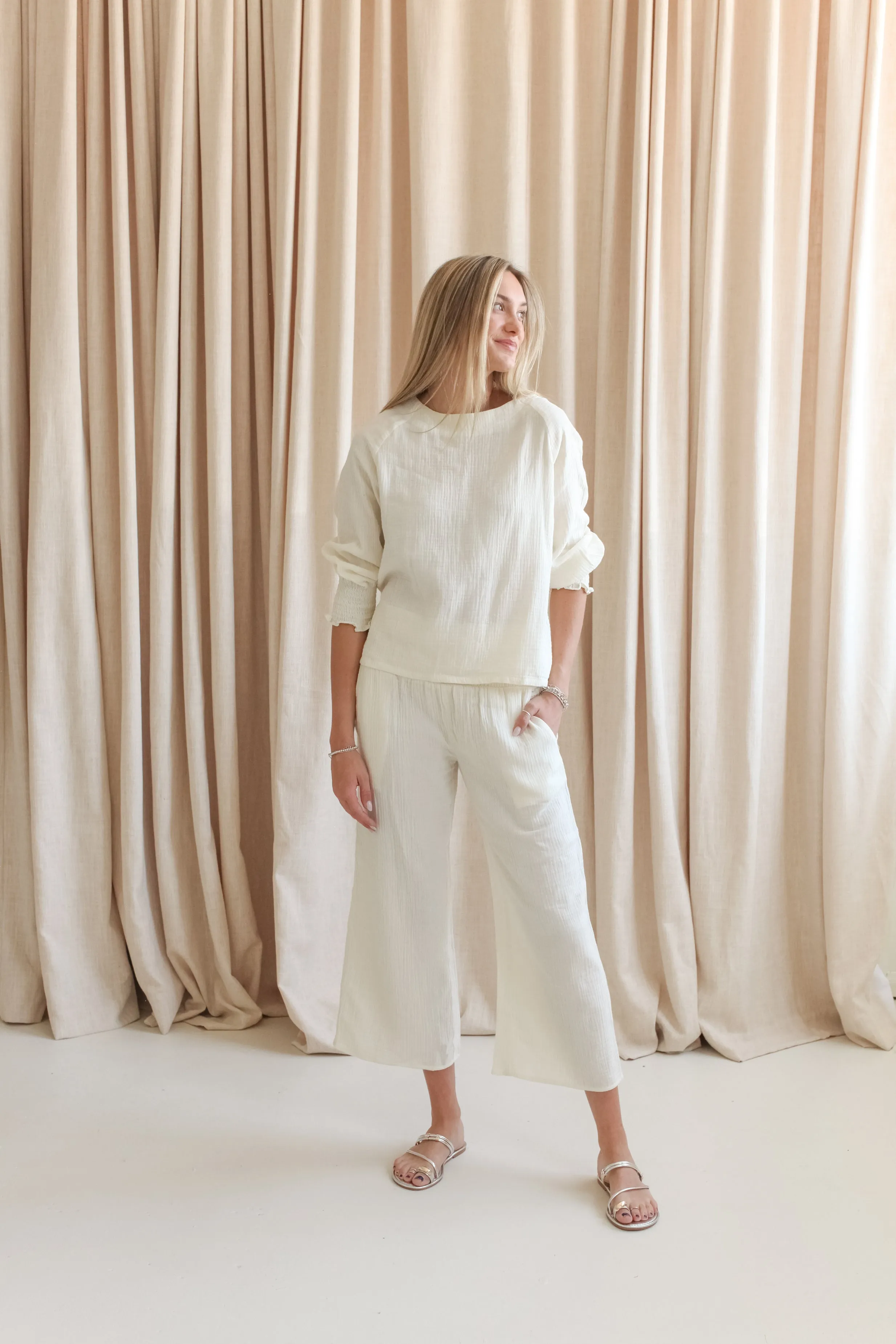 Zoe Smocked Pant- Ivory Smart Look Brunch Outfit Casual