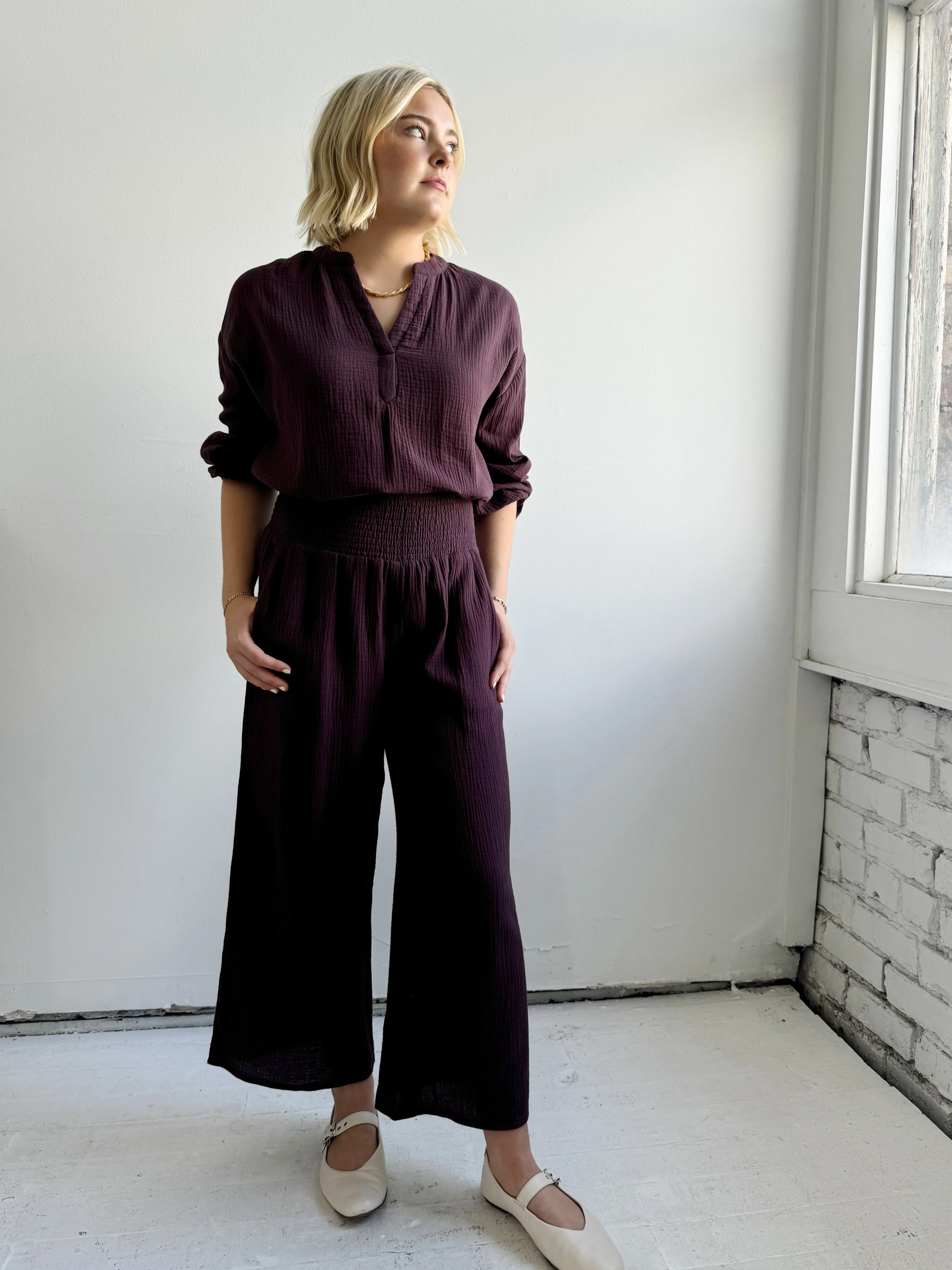 Street Fashion Breathable Casual Friday Elegant Casual Zoe Smocked Pant - Plum