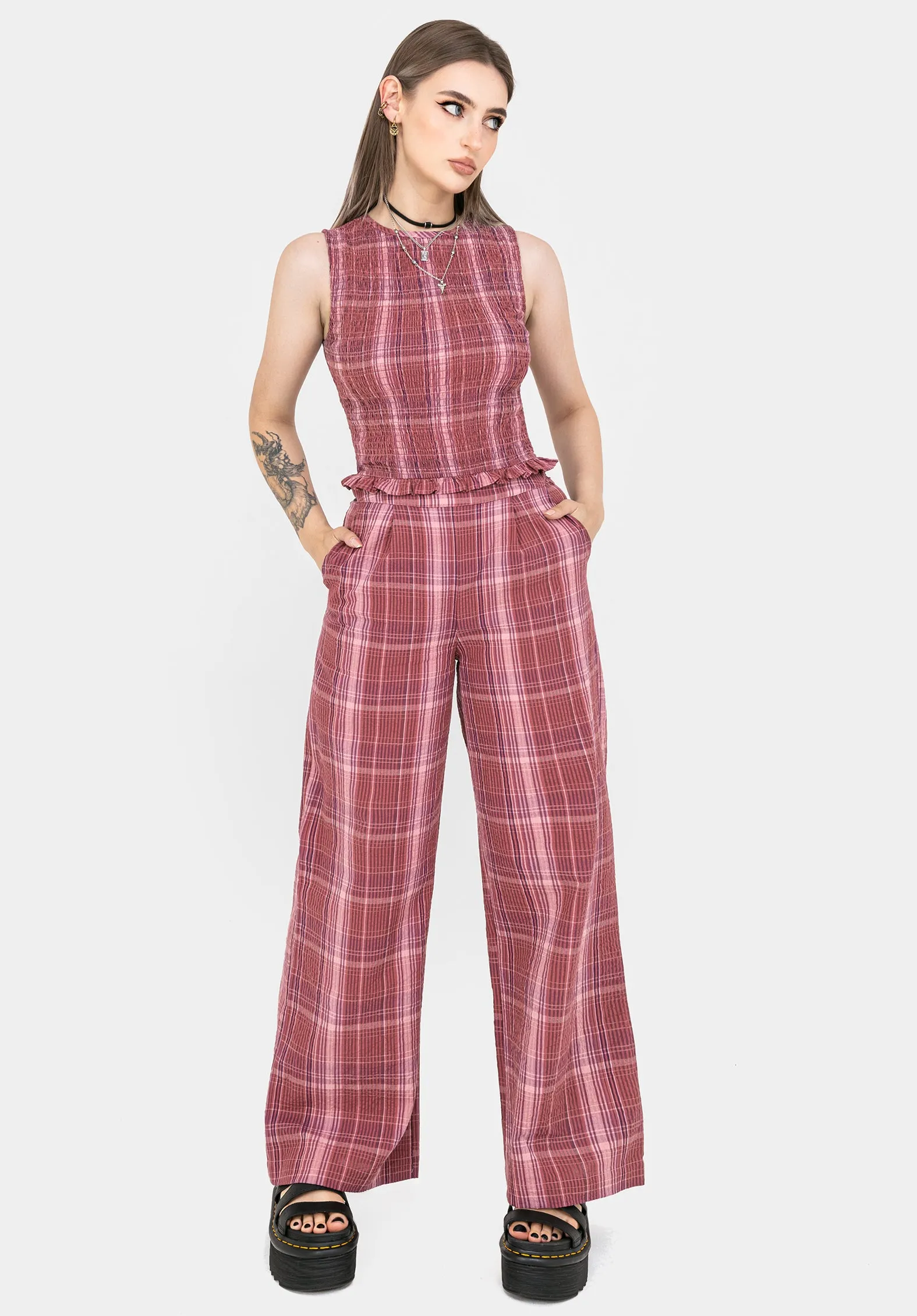 Matte Finish Zorina Cotton Check Wide Leg Trousers