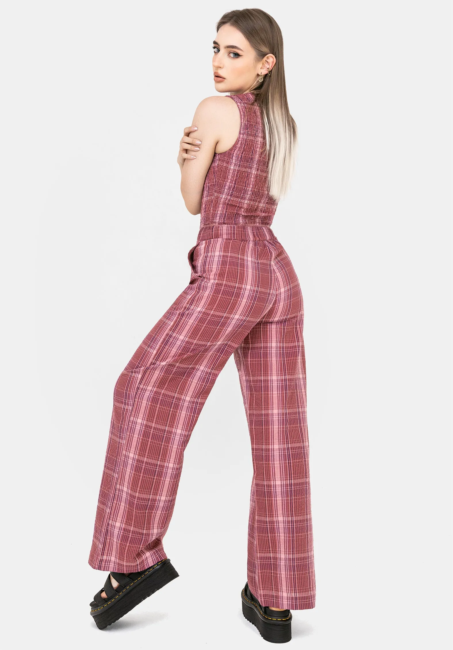 Airy Comfort Floral Pattern Zorina Cotton Check Wide Leg Trousers