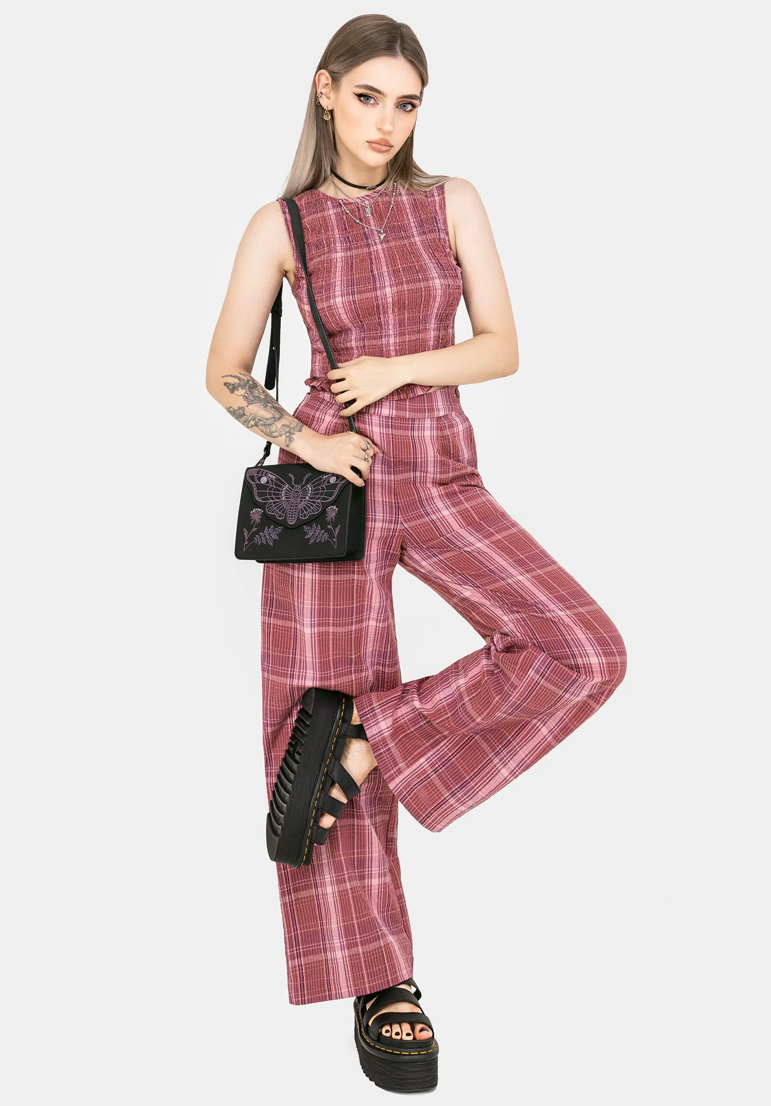 Zorina Cotton Check Wide Leg Trousers Tie Dye Style Relaxed Look